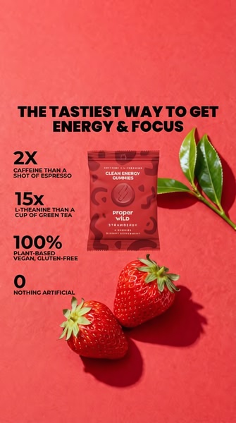 A high-contrast, minimalist ad for energy gummies that uses bold bulleted statistics to highlight product benefits against a vibrant red background.